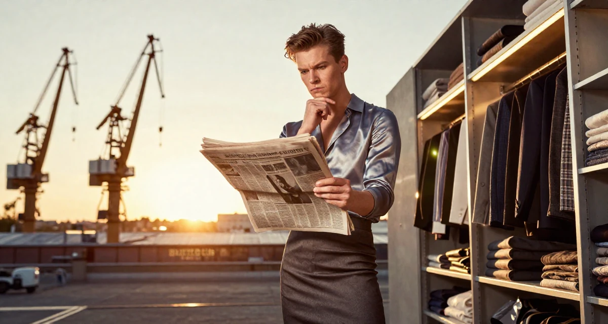 A intimidating male From Finland, studied applied linguistics in their 22, forming early ideas of personal branding, wearing a tight pencil skirt and a tucked-in silk blouse, holding a newspaper in a walk-in closet.