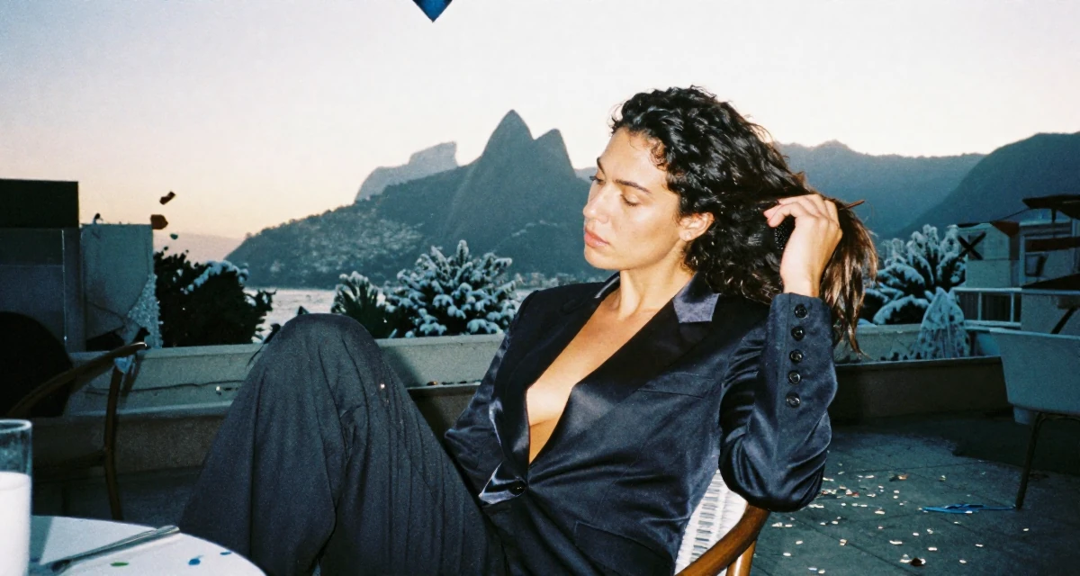 A thoughtfully silent Female From Rio de Janeiro Brazil, learned fitness aesthetics through beach culture in their 22, dealing with burnout from too many posting expectations, wearing a satin lapel blazer and tuxedo pants, brushing hair back in a rooftop terrace at sunset.