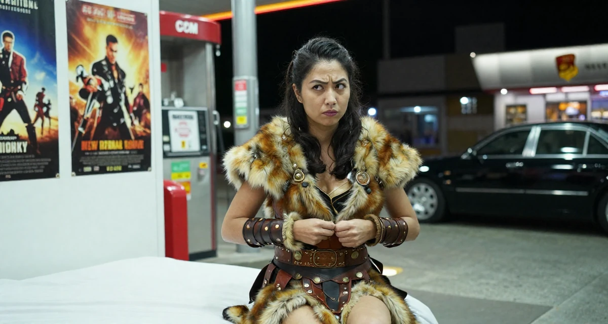 A cheeky Female From Singapore, majored in digital content strategy and visual aesthetics in their 22, facing uncertainty about future stability, wearing a barbarian warrior outfit with faux fur and leather, buttoning a jacket in a gas station at night.
