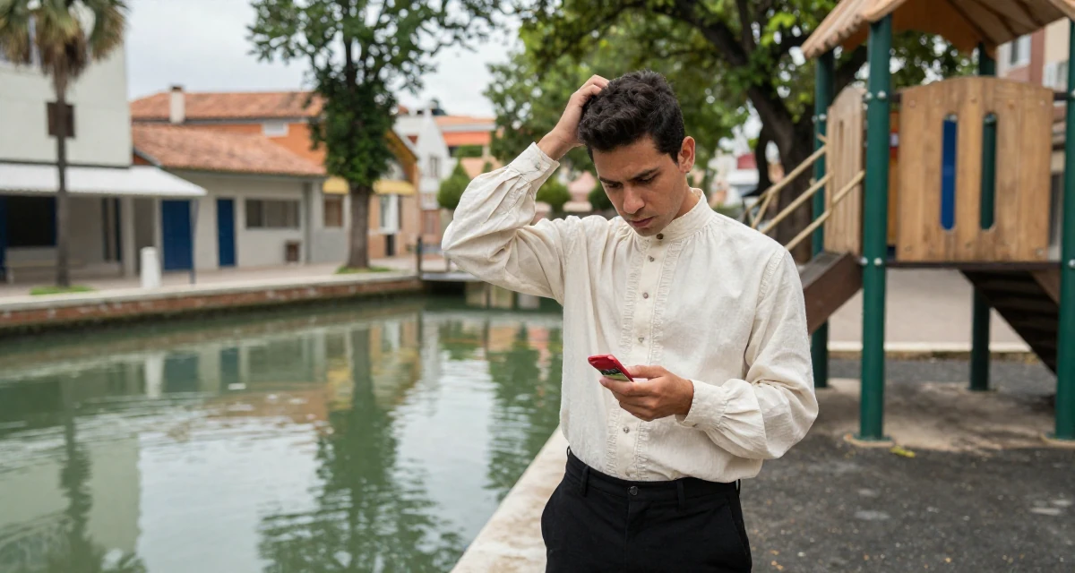A observant male From Cuba, majored in agricultural economics in their 23, discovering the allure of slow, controlled movement, wearing a high-neck victorian style blouse and black slacks, examining a product in a school playground.