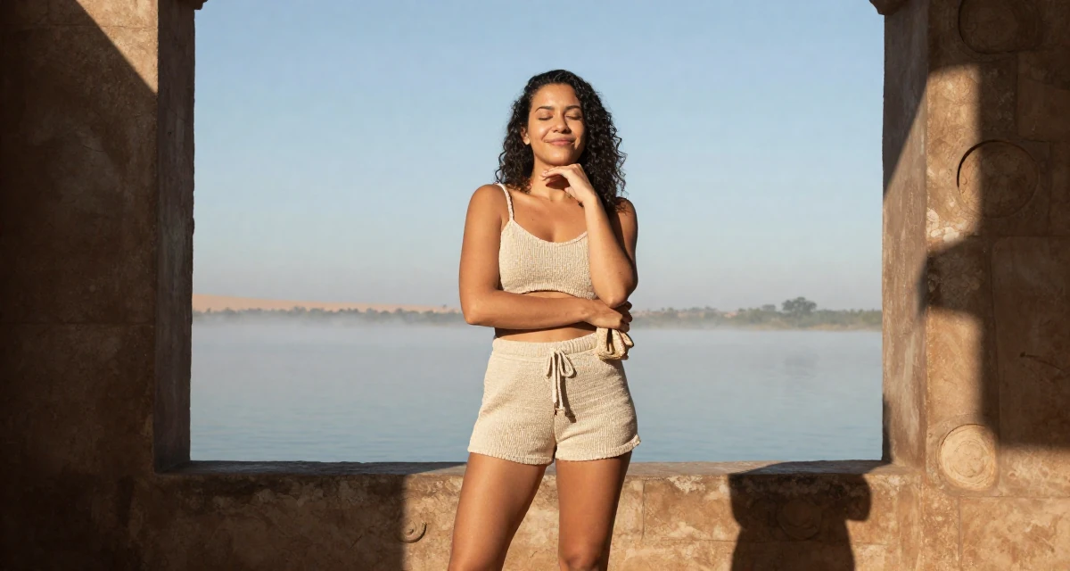 A blissful Female From Brazil, graduated in tourism management in their 28, facing creator fatigue while pretending to thrive, wearing a knitted loungewear shorts and a matching tiny top, holding a purse tightly in a dungeon cell.