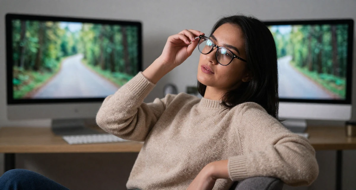 A gentle Female From Malaysia, majored in international business in their 24, learning to say no without guilt, wearing a soft cashmere sweater look, adjusting glasses in a modern apartment living room.