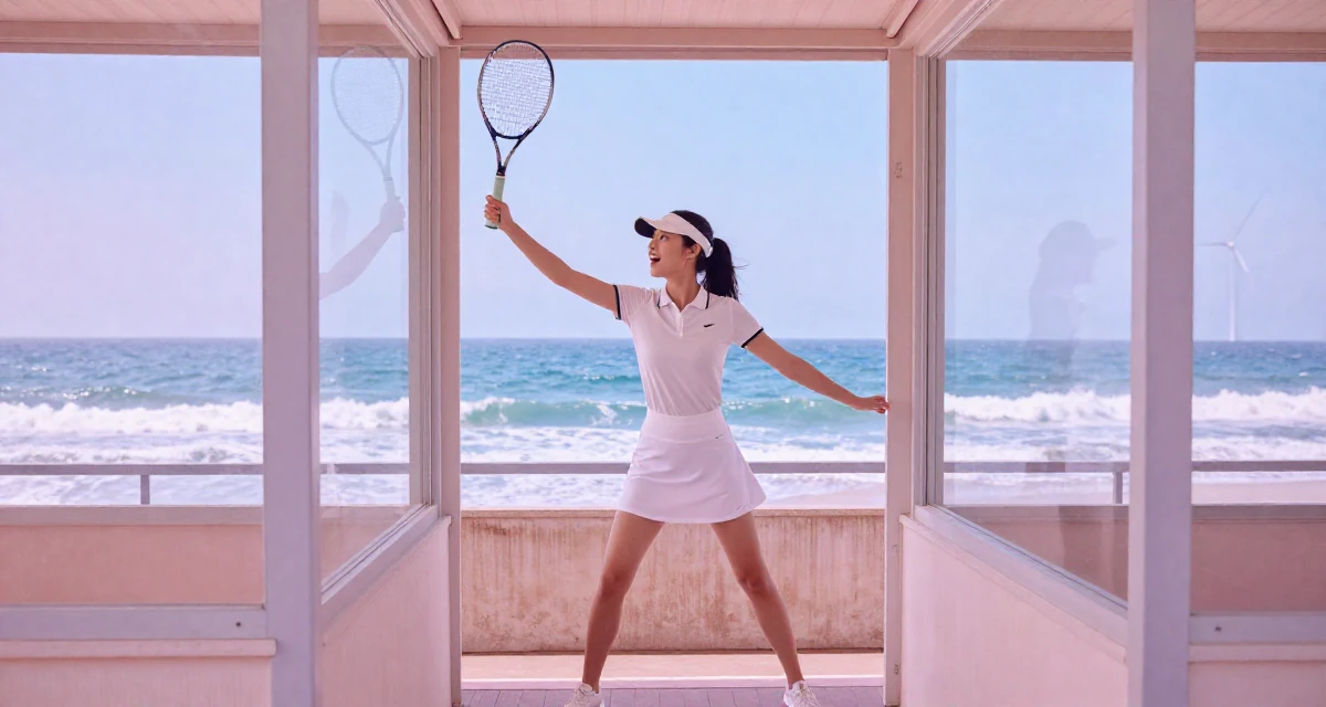 A energetic Female Born overseas, studied communication studies in their 24, maintaining anonymity while growing faster, wearing a tennis player outfit with a visor and white skirt, checking a reflection in a window in a classroom setting.