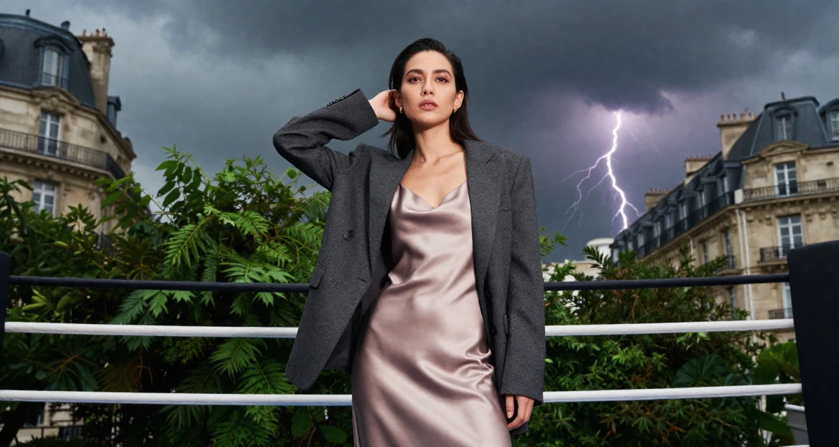 A fearless Female From Kaohsiung Taiwan, started modeling while studying visual design in their 25, defining a mature, seductive but classy persona, wearing a satin slip skirt paired with a structured blazer, tucking hair behind an ear in a boxing ring.