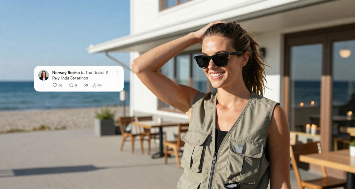 A joyful Female From Norway, studied user experience design in their 22, building early fan loyalty through replies and messaging, wearing a urban explorer utility vest look, lowering sunglasses to look out in a beach promenade.