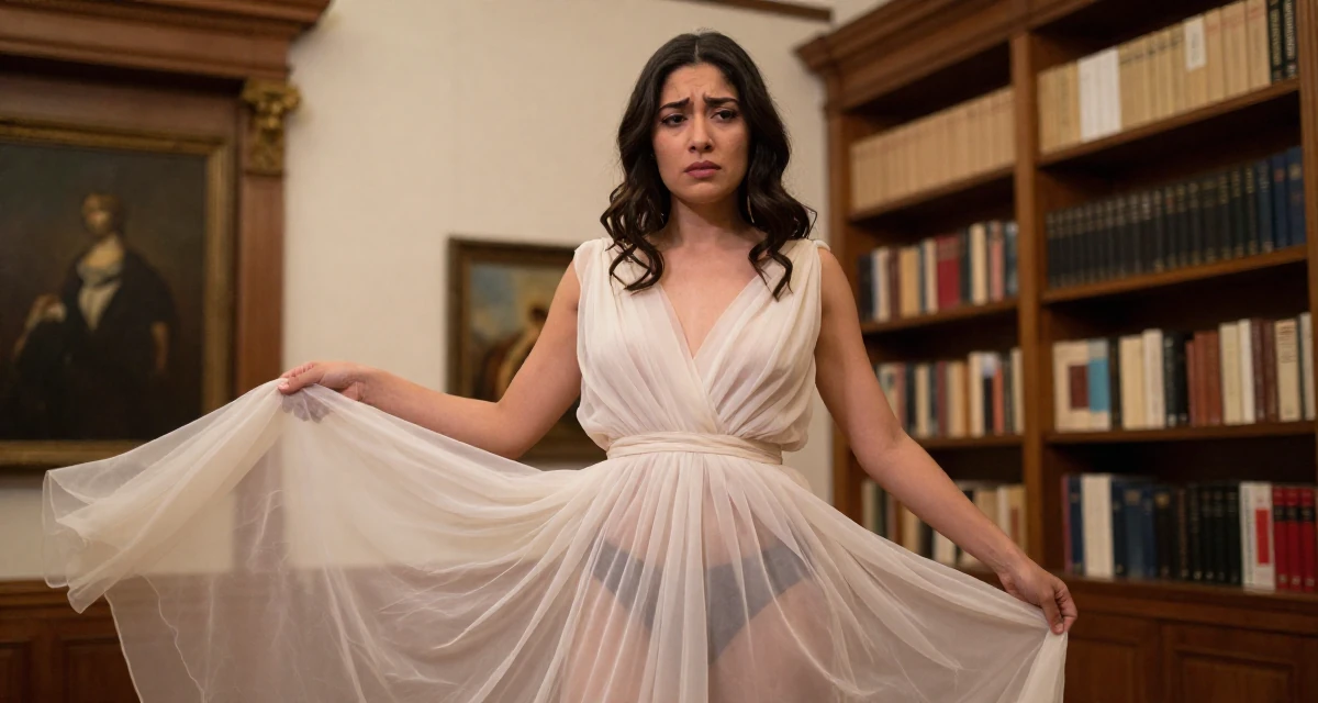 A troubled Female From Peru, based in Arequipa, graduated from a local university majoring in business communication in their 23, refining their taste in art and music, wearing a ethereal spirit dress made of flowing sheer chiffon, fixing the hem of a skirt in a art gallery hall.