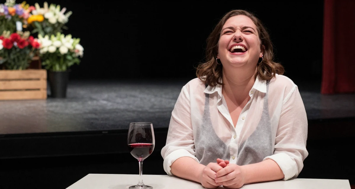 A cynical Female Once a delivery driver, now a confidence-focused body-positive creator in their 21, laughing openly with head thrown back, wearing a translucent white blouse and a dark bra underneath, resting hands on a table in a empty theater stage.