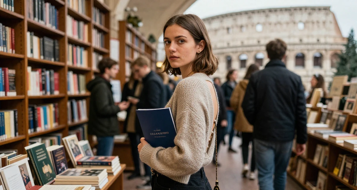A introspective Female From Berlin Germany, holds a degree in media engineering in their 22, navigating competitive academic environments, wearing a open-back sweater showing the spine, pausing mid-step in a vintage bookstore.