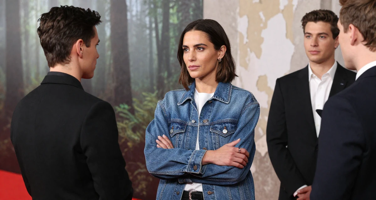 A relaxed and observant Female Former martial-arts trainee, now producing athletic creator content in their 45, mentoring younger colleagues, wearing a classic denim jacket and white tee, gripping a lapel in a red carpet event.