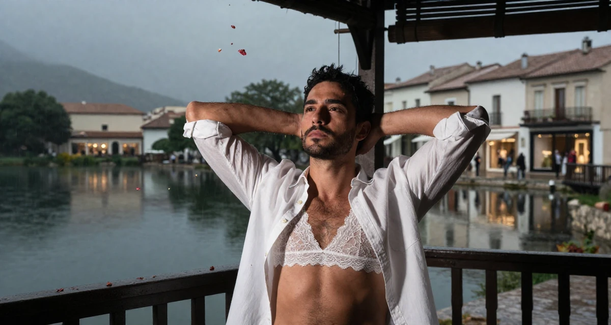 A absent-minded male From Spain, majored in cultural management in their 45, sharing the beauty of a quiet rural life, wearing a white button-down shirt worn open over a lace bra, catching a falling flower petal in a front porch.