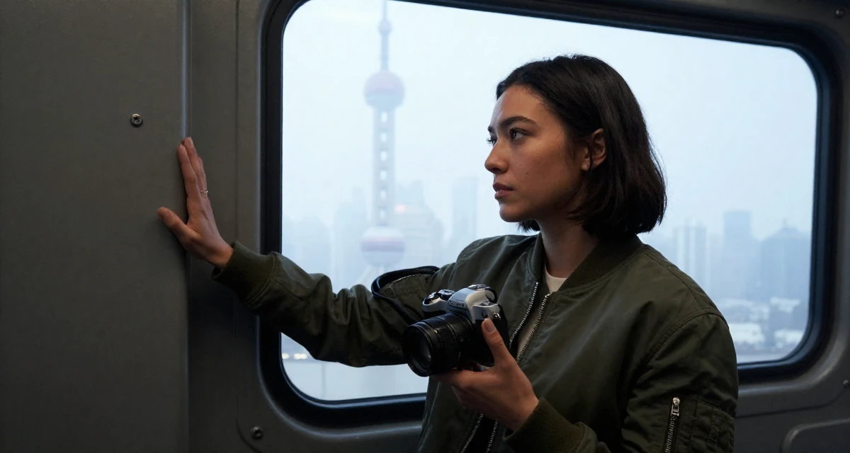 A solemn but kind Female From Chicago USA, holds a degree in communications in their 23, discovering how makeup transforms flirty confidence, wearing a classic bomber jacket style, holding a camera ready to shoot in a spaceship corridor.