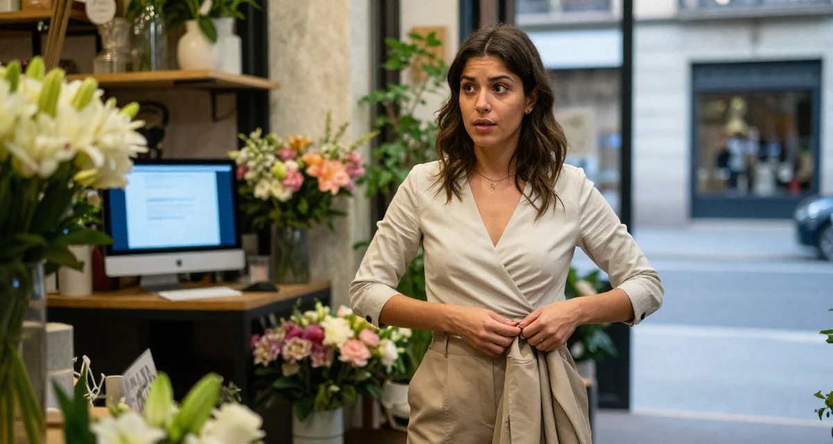 A curious and focused Female From Barcelona Spain, majored in audiovisual production in their 25, balancing social life with evolving ambitions, wearing a wrap-front blouse and tailored shorts, buttoning up a jacket in a flower shop.