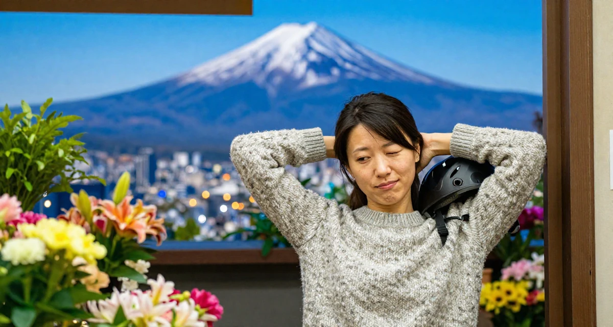 A bashful Female From Tokyo Japan, majored in literature in their 34, advocating for eco-friendly parenting, wearing a textured wool sweater, holding a helmet under one arm in a flower shop entrance.