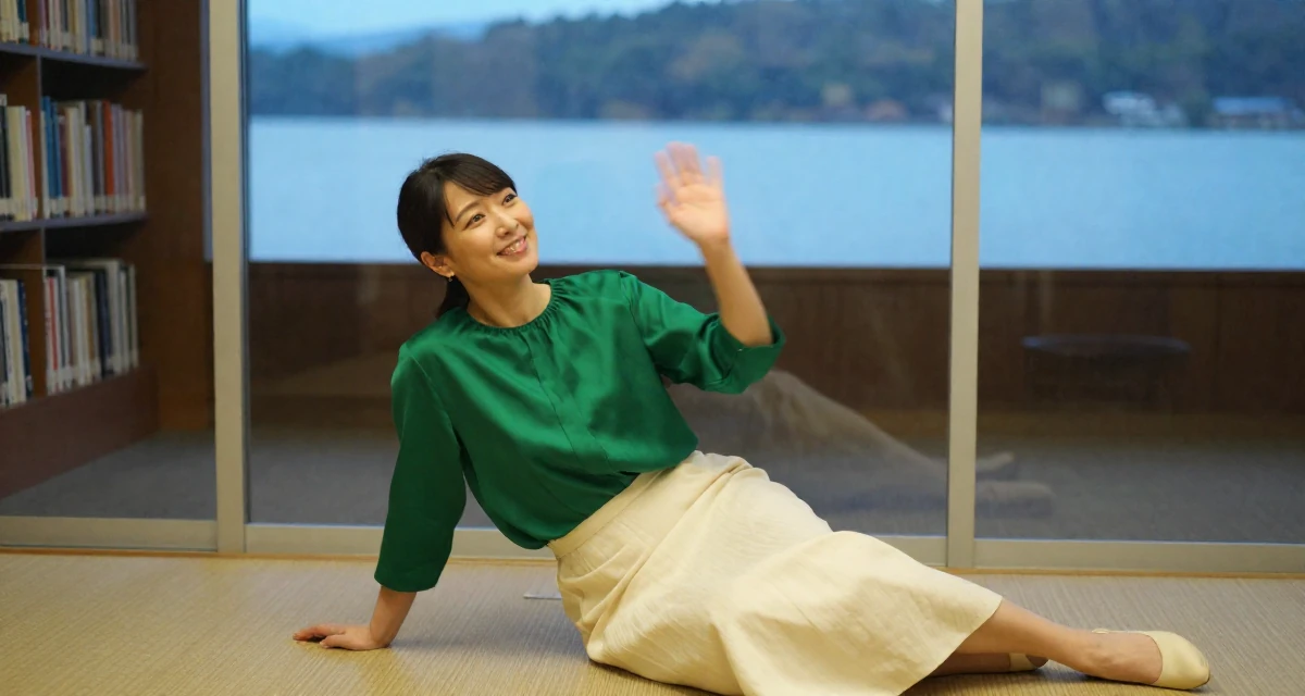 A warm and welcoming Female From Kyoto Japan, practiced artistic nude photography as self-expression in their 25, exploring personal identity for the first time, wearing a emerald green silk blouse and a cream skirt, waving to someone in a glass-walled conference room.