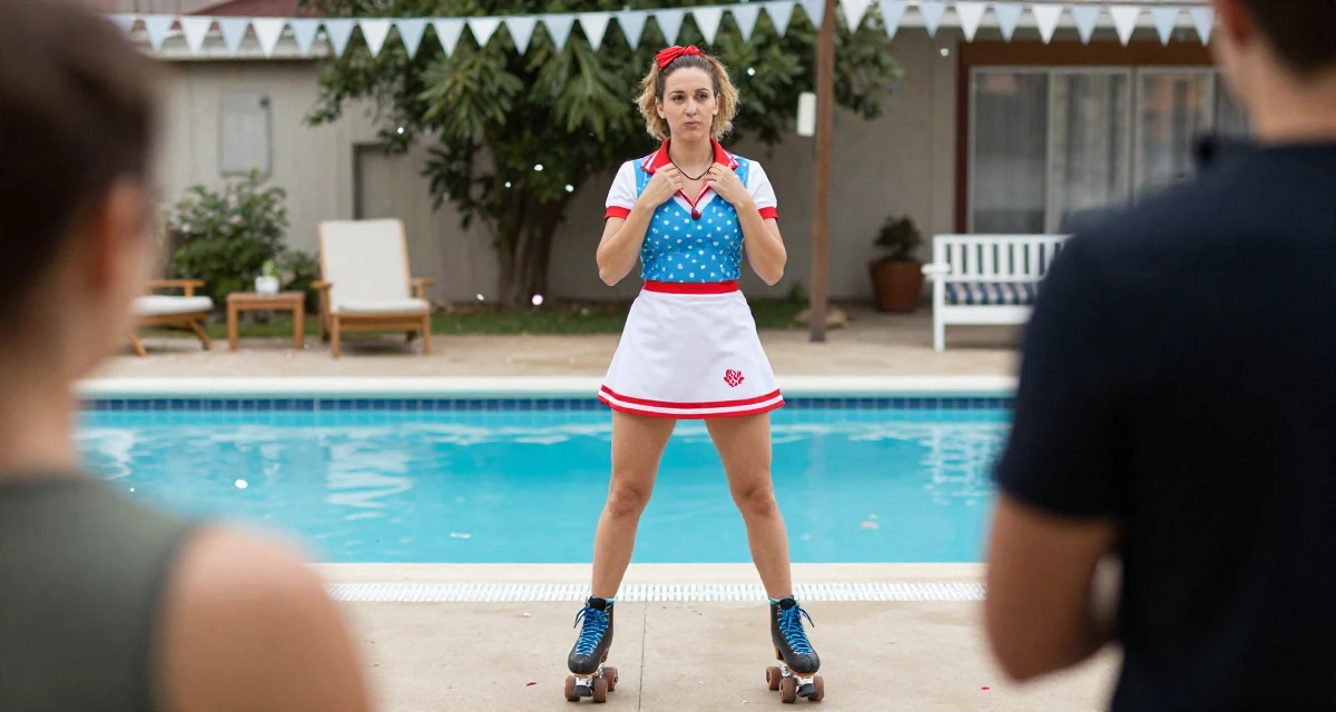 A pensive Female Former aerobics instructor, now filming premium workout sessions in their 41, finding joy in volunteering and community, wearing a retro 50s diner waitress uniform with roller skates, fiddling with a necklace in a swimming pool deck.