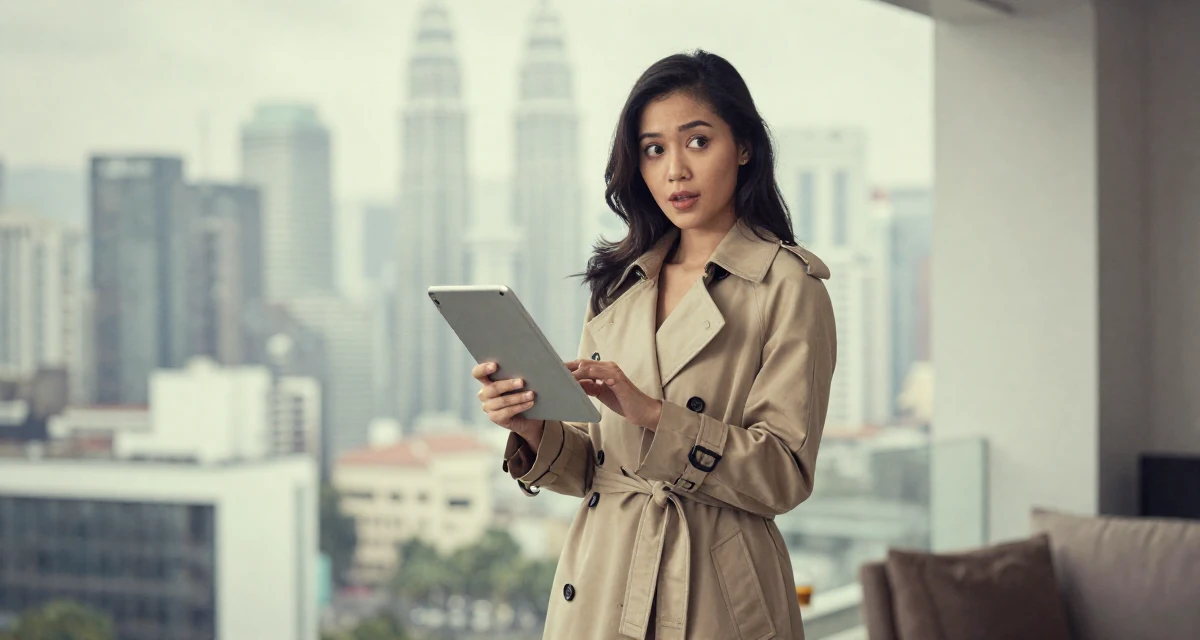 A curious Female From Kuala Lumpur Malaysia, majored in accounting in their 24, mastering the art of work-life separation, wearing a long trench coat belted tightly at the waist, holding a tablet in a home interior.