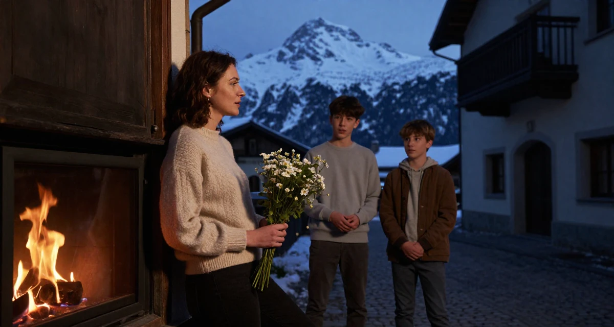 A gentle Female Once a babysitter, now documenting grown-up self-expression in their 41, confident mother of teenagers sharing advice, wearing a minimalist everyday clothing, holding a bouquet in a snowy mountain peak.