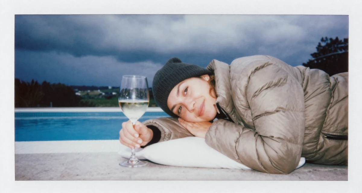 A lighthearted Female From Wellington New Zealand, studied creative writing and visual narrative in their 41, documenting a mid-life fitness transformation, wearing a warm puffer jacket and beanie, holding a wine glass by the stem in a swimming pool deck.