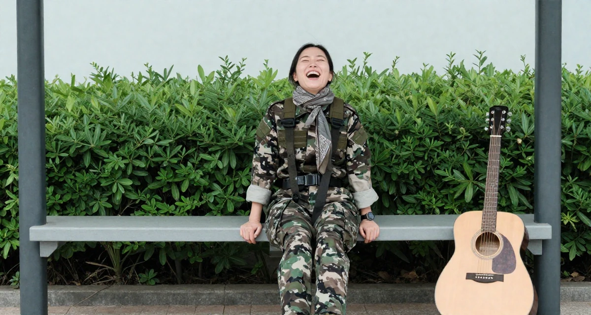 A relieved Female From Korea, studied film directing in their 21, laughing openly with head thrown back, wearing a commando outfit with camouflage paint and tactical harness, wrapping a scarf around the neck in a bus stop.