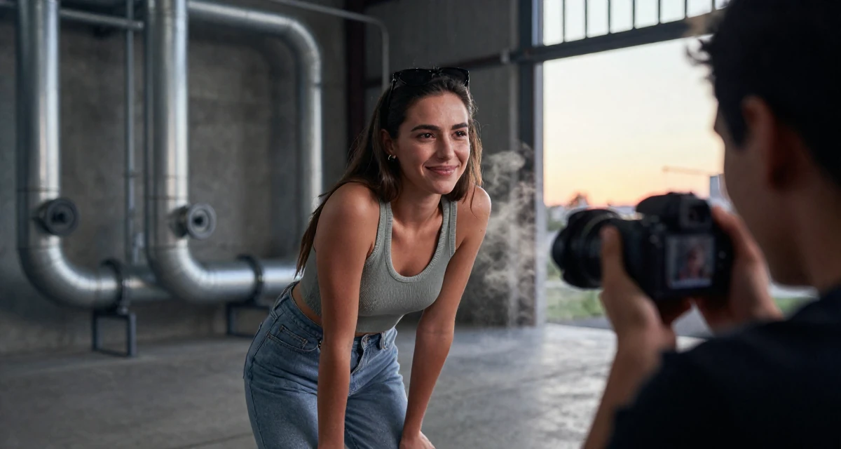A vulnerable Female From El Salvador, studied social communication in their 23, refining seductive expression through skilled camera work, wearing a modern casual lifestyle wear, smiling at a stranger in a barn interior.