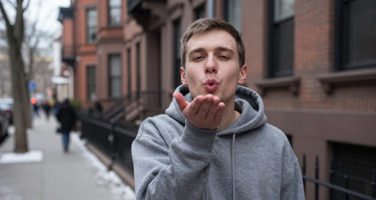 A relaxed and carefree male From Russia, studied mathematics and cybernetics in their 25, over the drama of early 20s nightlife, wearing a oversized hoodie worn as a dress, blowing a kiss in a city sidewalk.