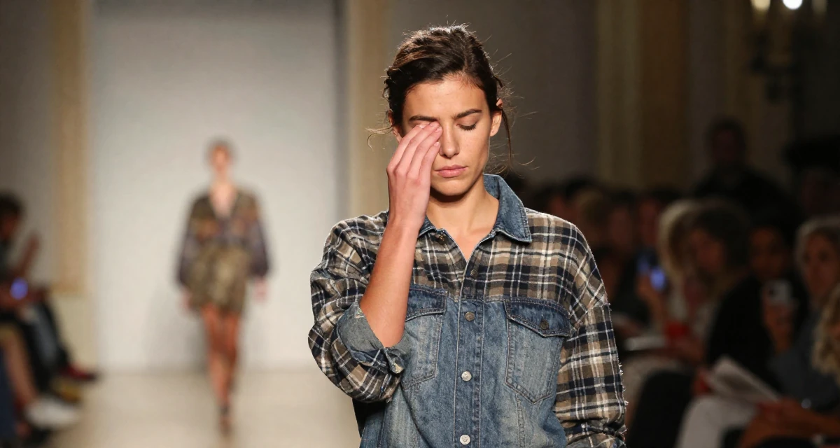 A melancholic yet beautiful Female From Marseille France, majored in culinary arts in their 25, pushing through rejection from collab requests, wearing a rugged flannel shirt and denim, rubbing eyes in a fashion runway.