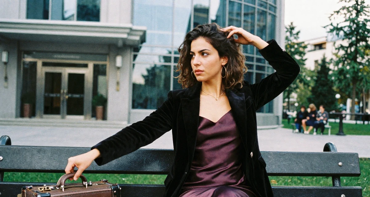 A determined Female From Istanbul Türkiye, learned belly dance and expressive movement in their 27, accepting that success requires endless reinvention, wearing a velvet blazer and a silk slip dress, polling a luggage handle in a park bench.