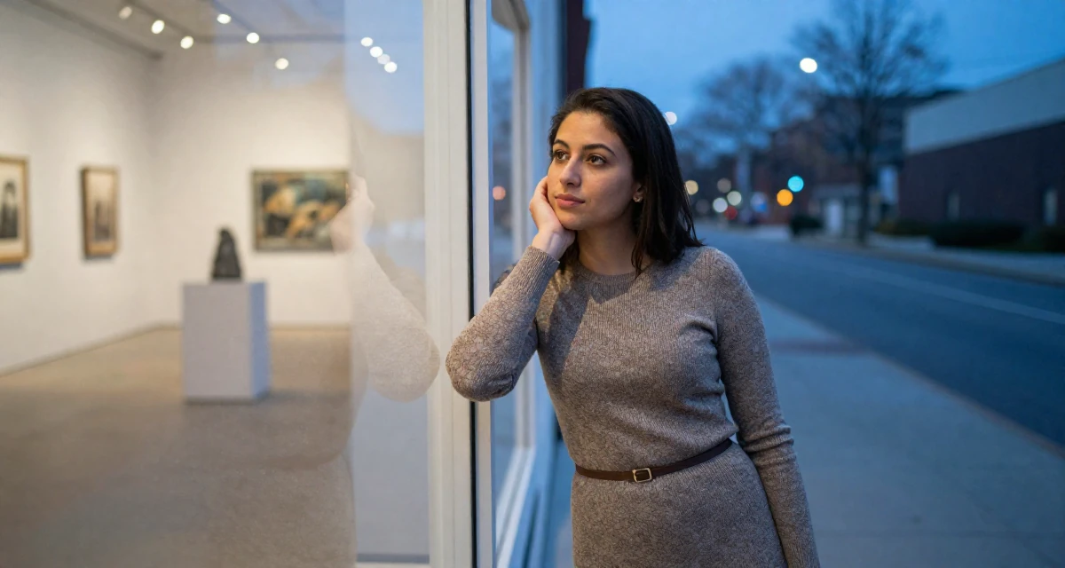 A calmly observant Female From USA, studied supply chain management in their 21, seeking internships and professional validation, wearing a form-fitting sweater dress with a belt, leaning against a door in a art gallery hall.
