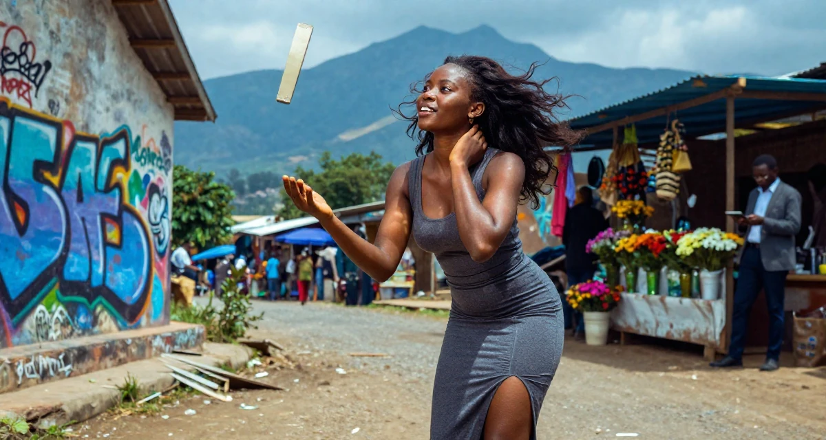 A sweet Female From Ivory Coast, studied music production in their 24, juggling edits, shoots, and a boss who texts on weekends, wearing a long pencil skirt with a high side slit, stretching the neck in a graffiti art wall.