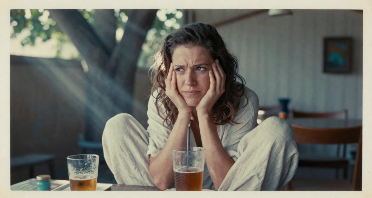 A sarcastic Female From USA, majored in communications at a state university in their 49, preparing for a spiritual pilgrimage, wearing a loose-fitting linen trousers, holding a cold drink in a dining room.