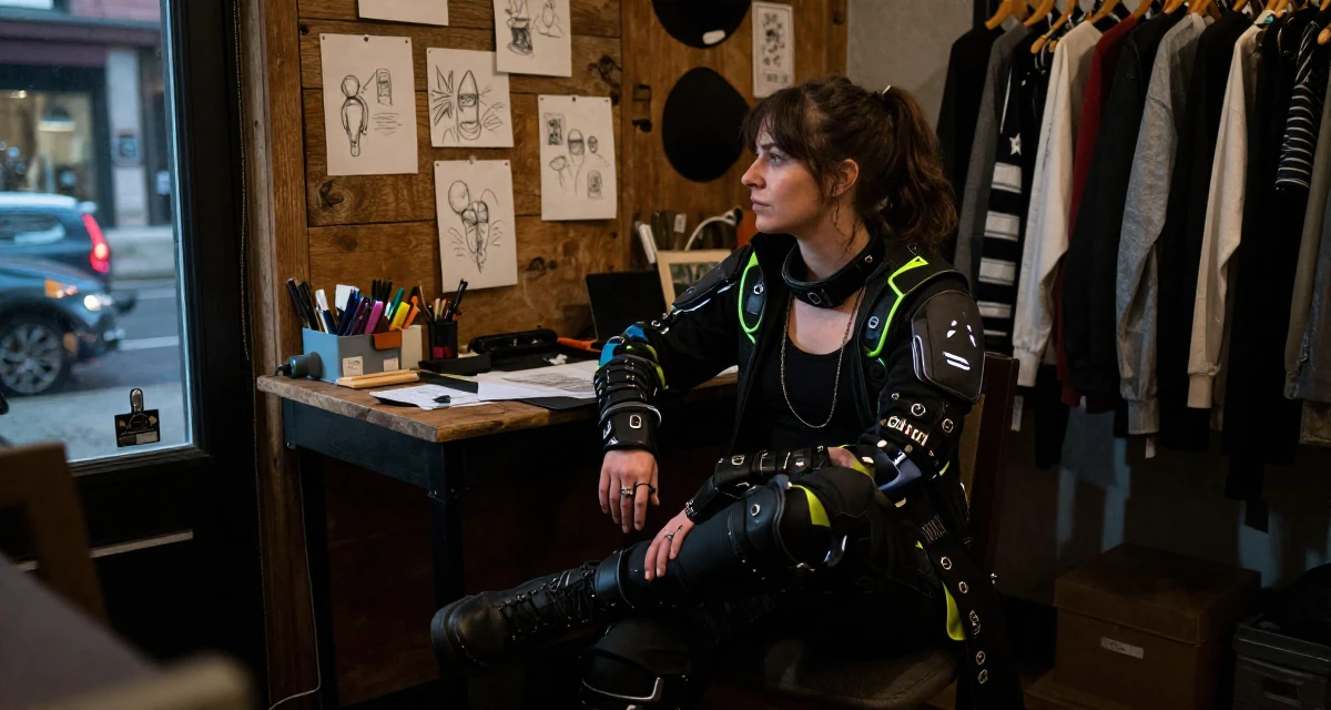 A soft Female From Canada, studied kinesiology in their 24, investing in quality furniture and lifestyle, wearing a cyberpunk street samurai gear with neon accents, watching traffic pass by in a clothing boutique.