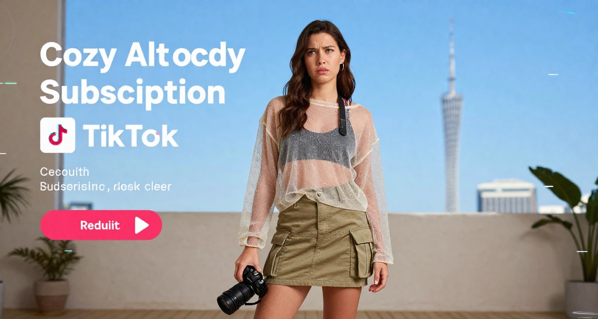 A confused Female Once a bookstore clerk, now offering cozy aesthetic subscription content in their 25, considering expanding into TikTok or Reddit promo, wearing a layered mesh top and cargo mini skirt, holding a camera in a yoga studio.