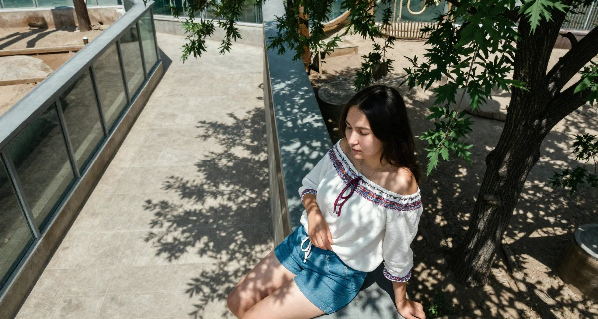 A timid Female From Kazakhstan, based in Almaty, graduated from a state university majoring in journalism in their 34, advocating for eco-friendly parenting, wearing a boho style off-shoulder peasant top and shorts, reaching for a pocket in a zoo enclosure path.
