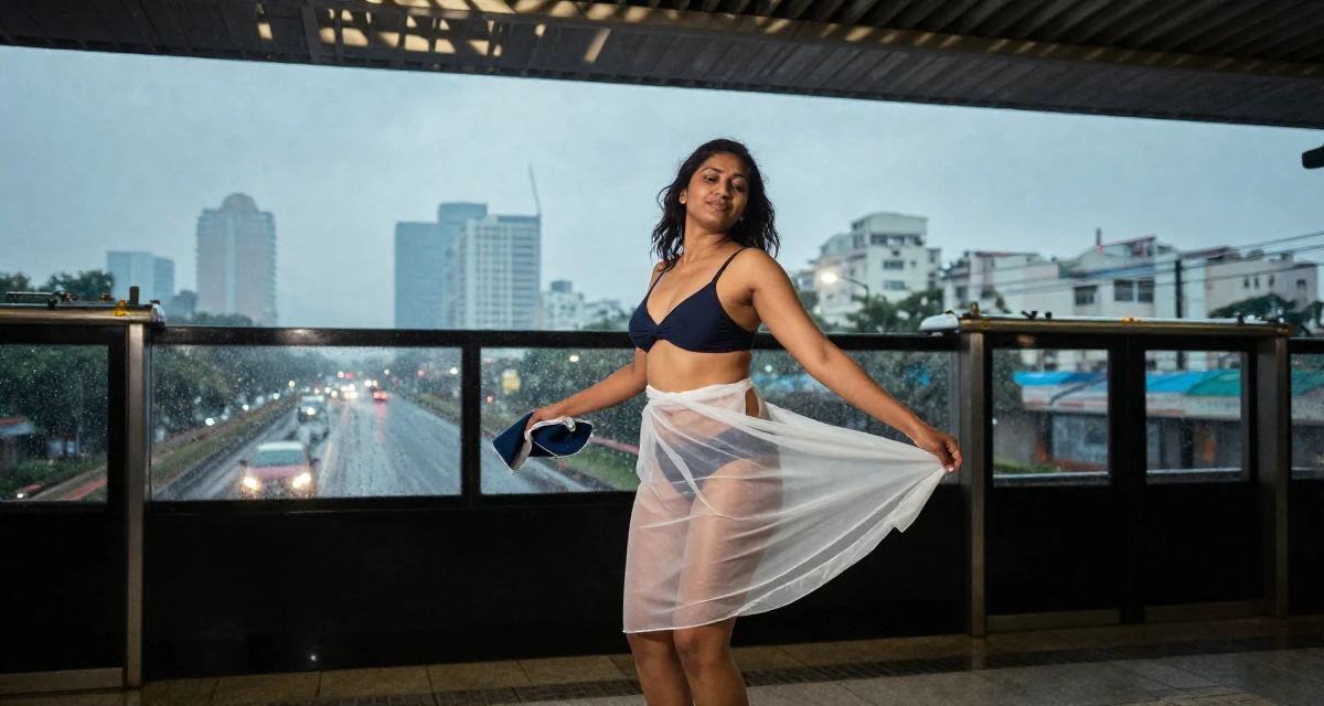 A contented Female From India, based in Bangalore, graduated from a technical institute majoring in information systems in their 23, gaining confidence through playful outfit themes, wearing a sheer sarong skirt over a swimsuit, holding a gym towel in a subway station.