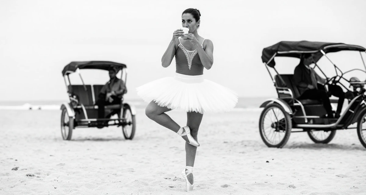 A intense Female From Portugal, majored in architecture in their 45, sharing wisdom on navigating office politics, wearing a ballet tutu and satin pointe shoes, sipping a warm drink in a tropical white sand beach.