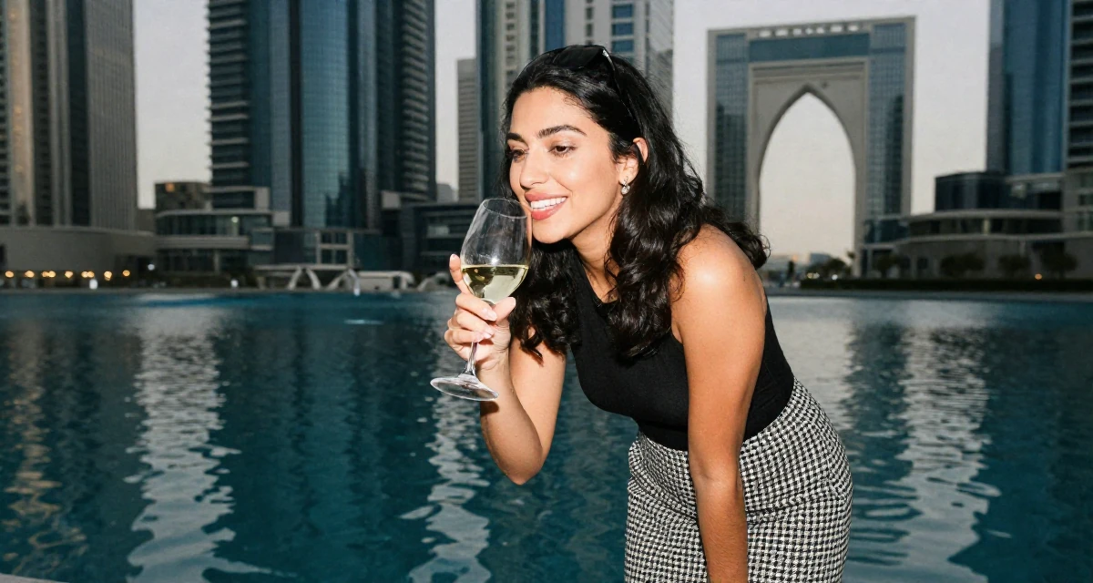 A satisfied Female From UAE, studied business administration in their 22, balancing personal dating life with creator identity, wearing a houndstooth pattern skirt and black top, holding a wine glass by the stem in a modern skyscraper lobby.