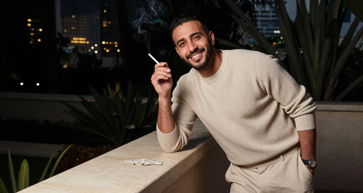 A bright and optimistic male From Alexandria Egypt, majored in applied arts in their 38, investing in real estate and passive income, wearing a monochromatic beige outfit with a knit top and trousers, holding a cigarette (lit or unlit) in a botanical garden.