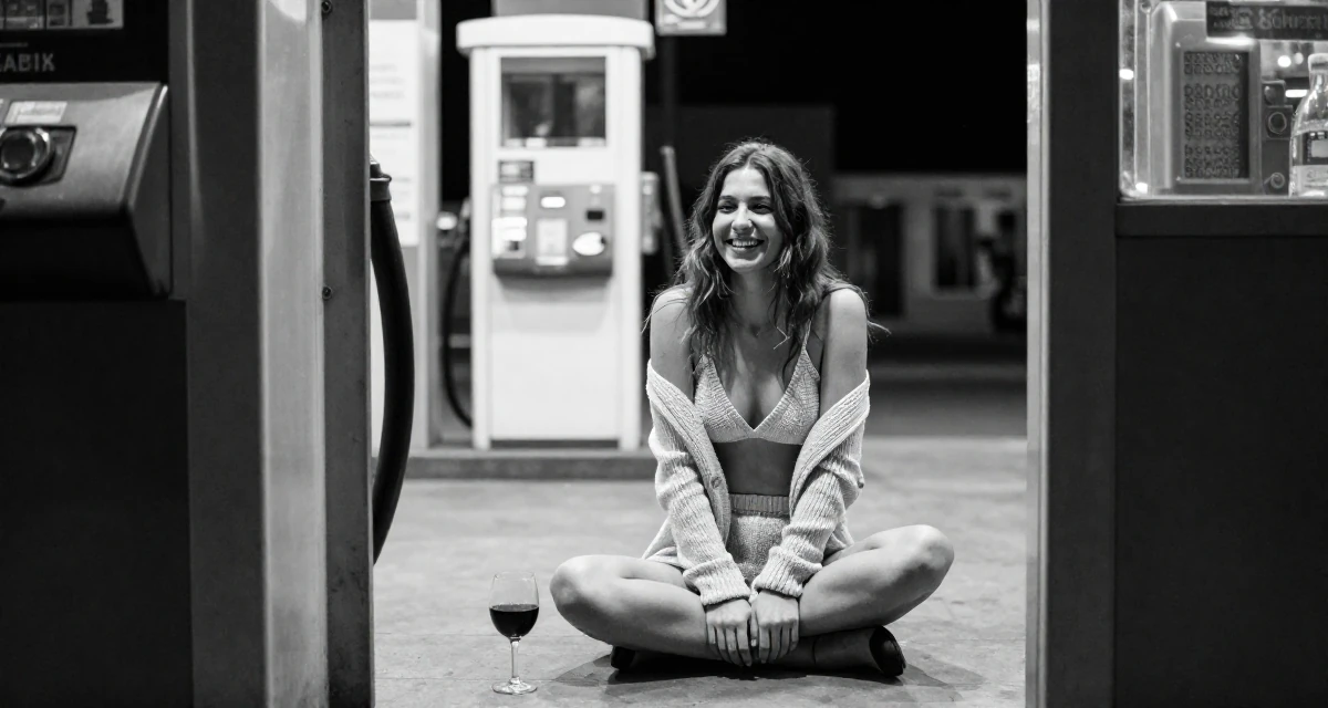 A playful Female From Spain, based in Barcelona, graduated from a fashion institute majoring in body styling in their 29, seeking mentorship and higher guidance, wearing a knitted bralette and a matching cardigan with shorts, laughing softly in a gas station at night.