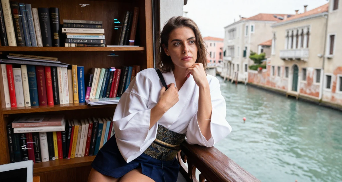 A focused and sharp Female From Georgia, based in Batumi, graduated from a local academy majoring in social media management in their 25, deciding to start a business or bold project, wearing a shrine maiden outfit with a short hakama skirt, adjusting a shoulder strap in a opera house balcony.
