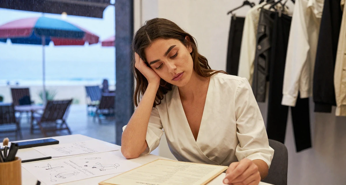 A tired Female From Spain, based in Barcelona, graduated from a fashion institute majoring in body styling in their 27, embracing natural beauty and minimalism, wearing a wrap blouse with a deep neckline, looking at a menu in a clothing boutique.