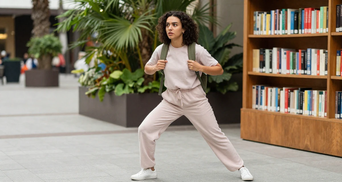 A intense Female Once a soldier trainee, now exploring softer sides through creator work in their 22, learning how to avoid scams and risky promo offers, wearing a soft pastel-colored ensemble, adjusting a backpack strap in a pedestrian plaza.