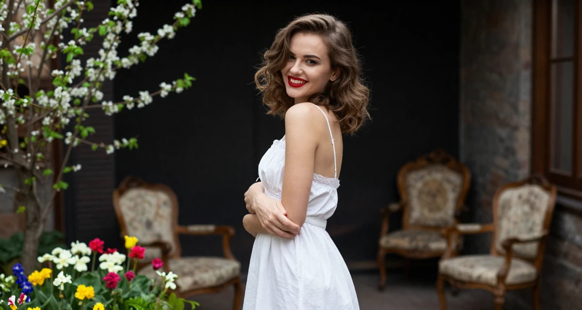A bold and charismatic Female From Ukraine, based in Odessa, graduated from a design academy majoring in aesthetic content creation in their 22, learning how to avoid scams and risky promo offers, wearing a white cotton nightgown with lace details, laughing softly in a wedding venue.