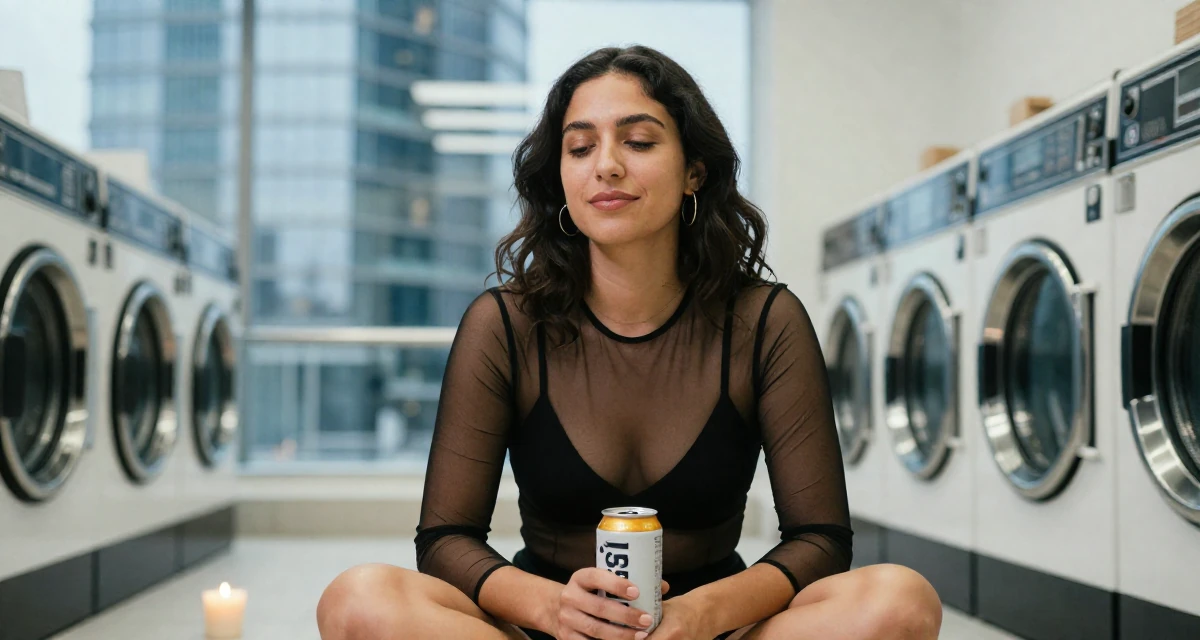 A serene and peaceful Female From Israel, has a background in tech startups in their 33, dealing with rising living costs, wearing a sheer mesh top layered over a black bralette, holding a beverage can in a laundromat.