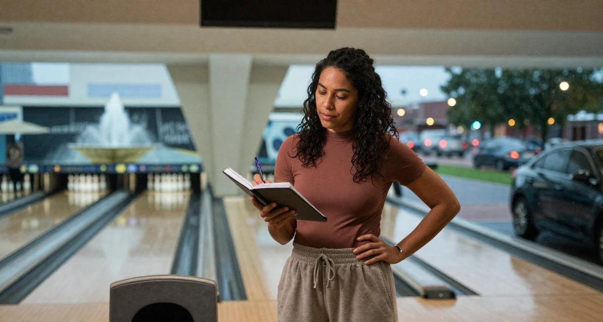 A vibrant Female From United States, studied French literature in their 24, managing emotional highs and lows of early adulthood, wearing a high-cut bodysuit paired with loose jogging bottoms, writing in a journal in a bowling alley.