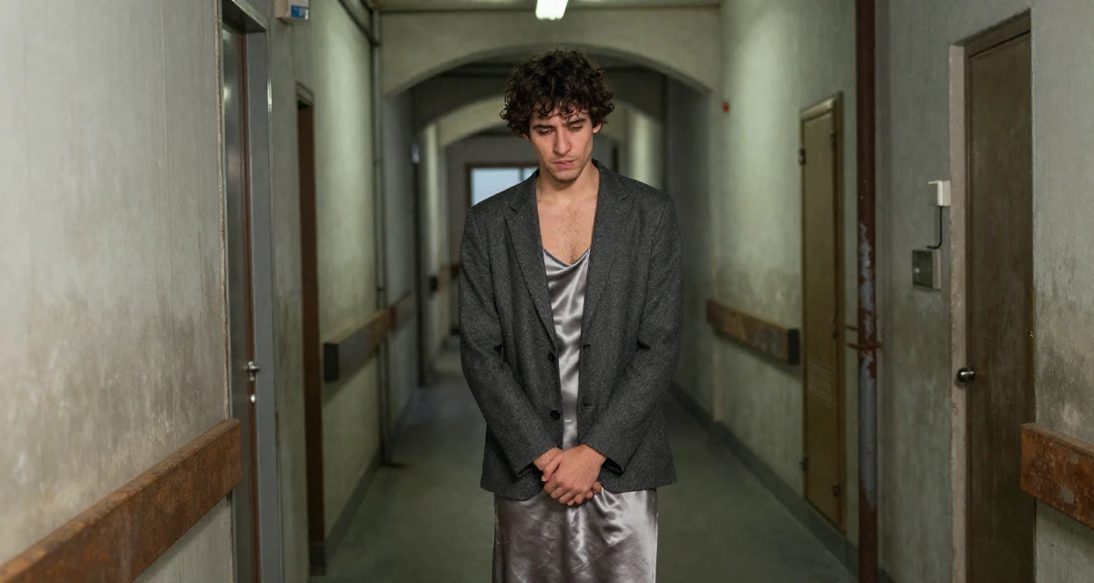 A sentimental male From Italy, based in Bologna, graduated from a local university majoring in media production in their 22, navigating the confusing world of office politics, wearing a satin slip skirt paired with a structured blazer, clasping hands together in a hospital corridor.