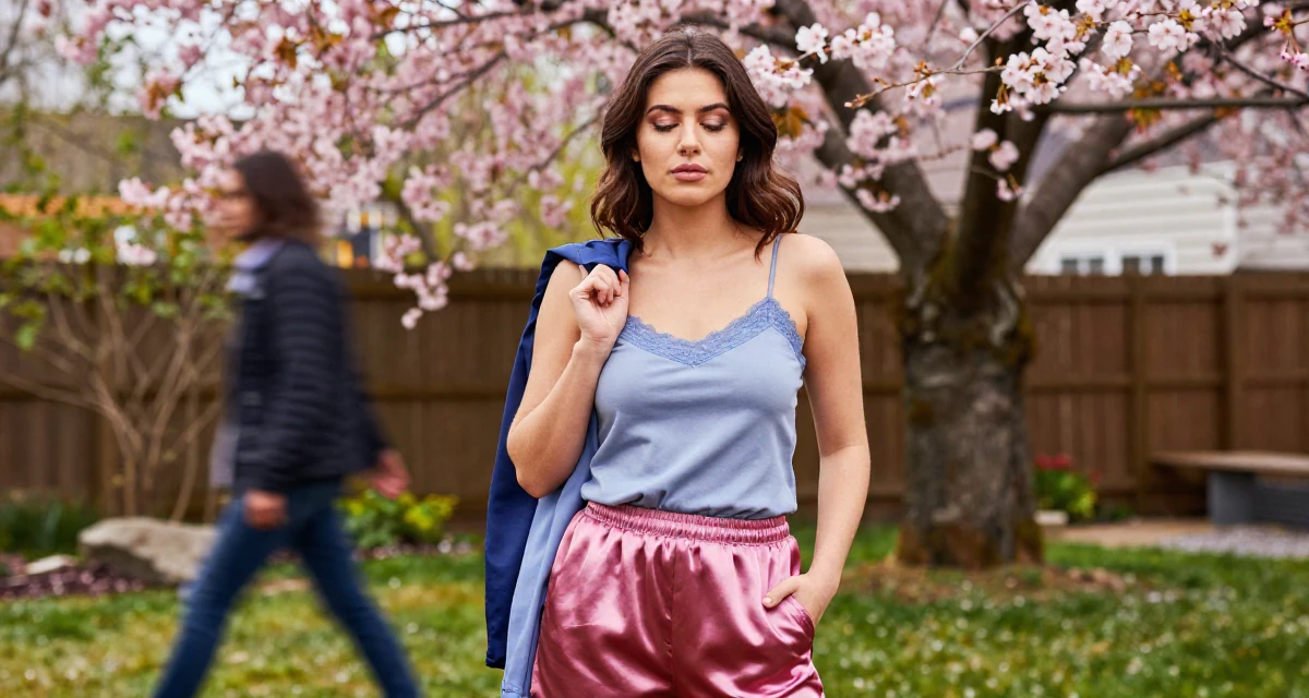 A zen-like Female Former phone-shop clerk, now combining tech and lifestyle content in their 21, hiding insecurity behind a perfect makeup look, wearing a lace-trimmed camisole and silk lounge shorts, holding a jacket over a shoulder in a backyard garden.