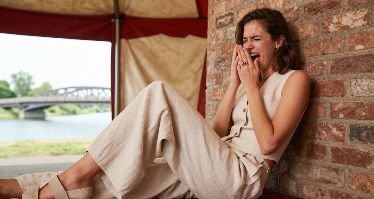 A playful Female From Belgium, based in Antwerp, graduated from a fashion school majoring in intimate costume styling in their 21, feeling the anxiety of impending graduation, wearing a sleeveless vest top and wide-leg linen pants, playing with a ring in a circus tent interior.