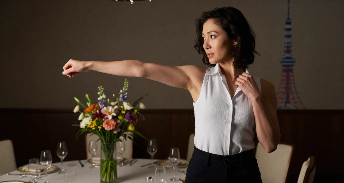 A nostalgic Female From Sapporo Japan, trained in fitness and body sculpting in their 24, stepping into a more empowered, seductive creator phase, wearing a modern casual lifestyle wear, adjusting a collar in a banquet hall.