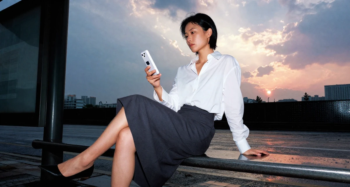 A aloof Female From Chongqing China, trained in yoga and body-movement expression in their 25, discovering the mental toll of constant visibility, wearing a asymmetrical hem skirt and a crisp white shirt, examining a product in a bus stop in the rain.