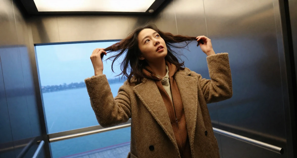 A open and honest Female Former graphic design student, now using visuals for intimate storytelling in their 23, creating photo sets that feel intimate but not explicit, wearing a warm winter layered look, twirling a lock of hair in a elevator hall.